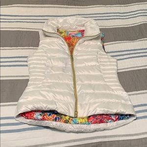 white/patterned Lily Pulitzer puffy vest